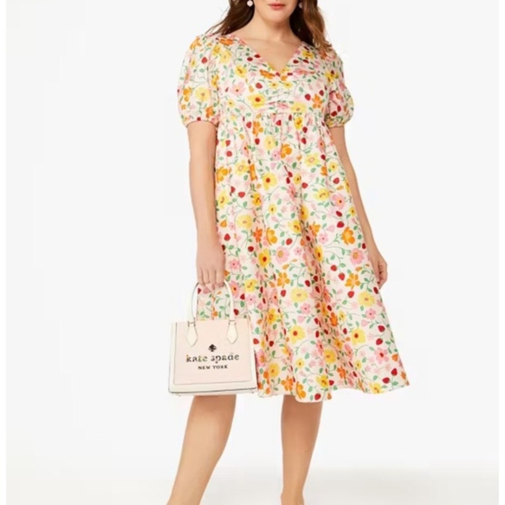 Kate Spade Floral Strawberry Print Midi Dress Puff Sleeve Smocked Back White 4